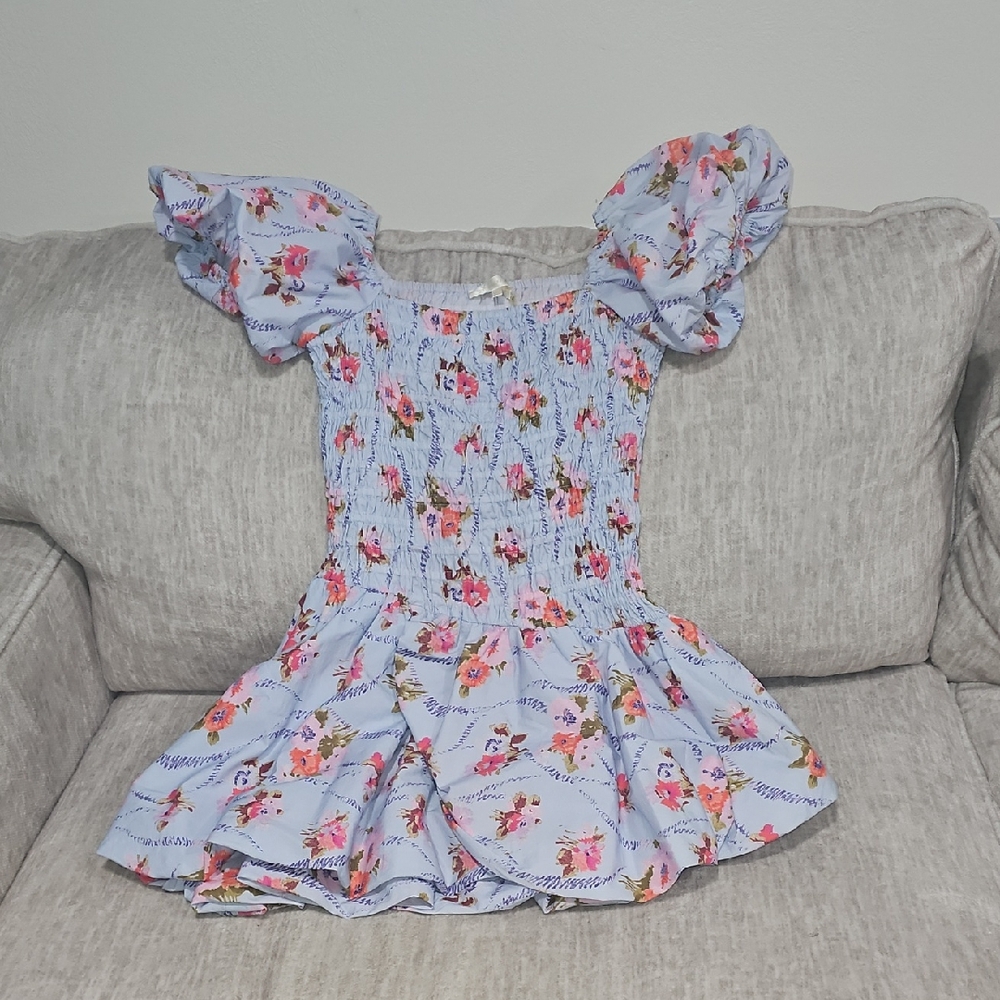 LoveShackFancy Blue Floral Dress with Puff Sleeves